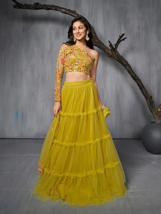 Embroidered Semi-Stitched Lehenga & Unstitched Blouse With Dupatta