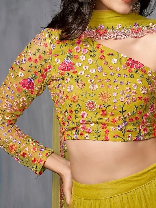 Embroidered Semi-Stitched Lehenga & Unstitched Blouse With Dupatta