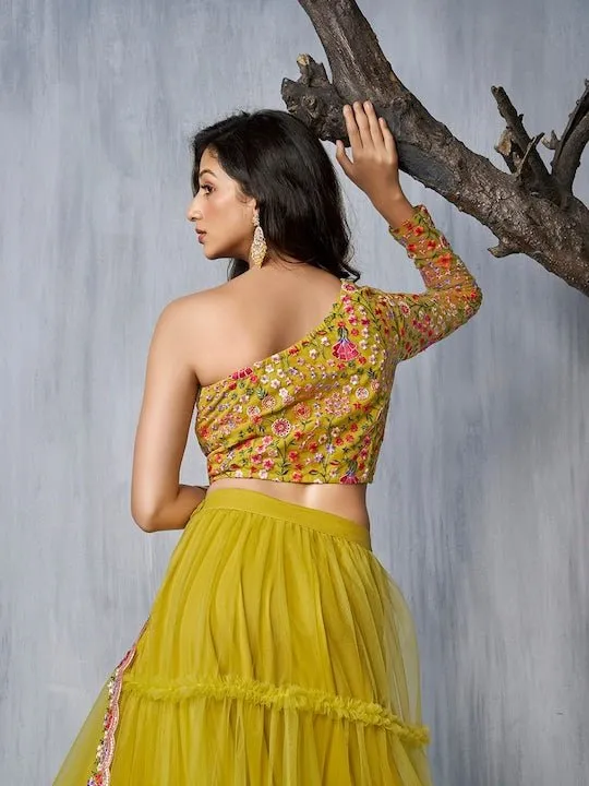 Embroidered Semi-Stitched Lehenga & Unstitched Blouse With Dupatta