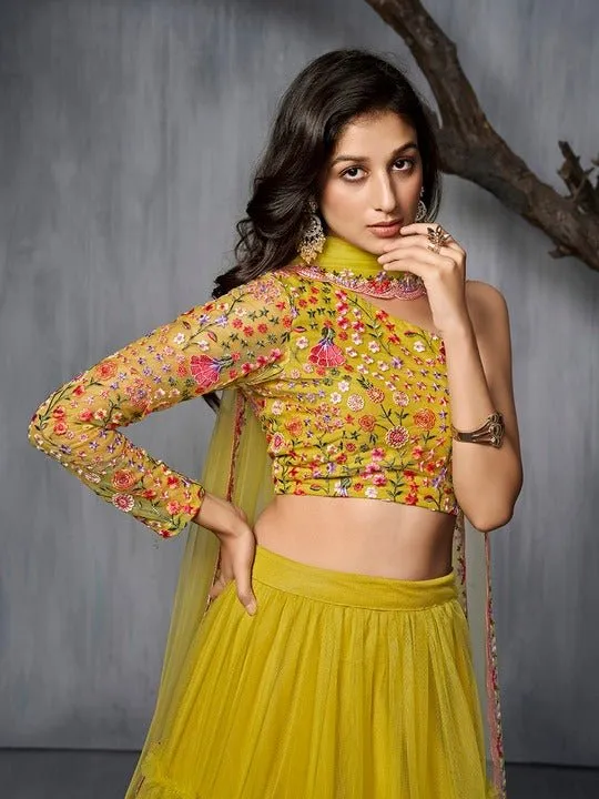 Embroidered Semi-Stitched Lehenga & Unstitched Blouse With Dupatta