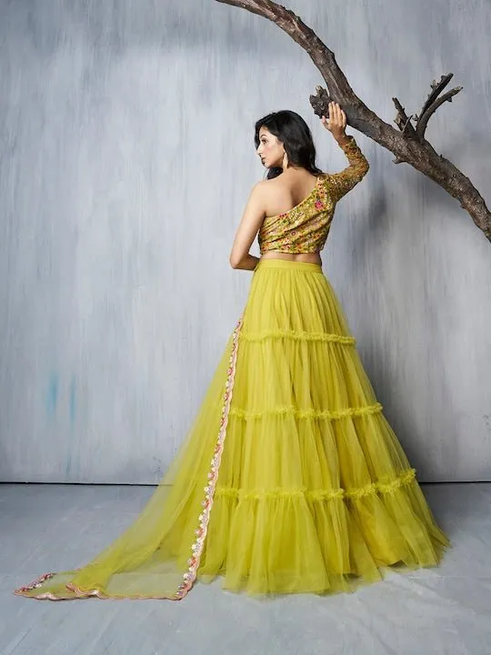 Embroidered Semi-Stitched Lehenga & Unstitched Blouse With Dupatta