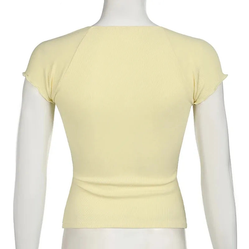 Korean Fashion Yellow Folds Lace Trim Women T-shirts Buttons Cutecore Kawaii Cropped Top Basic Frills Tee Clothes Y2K