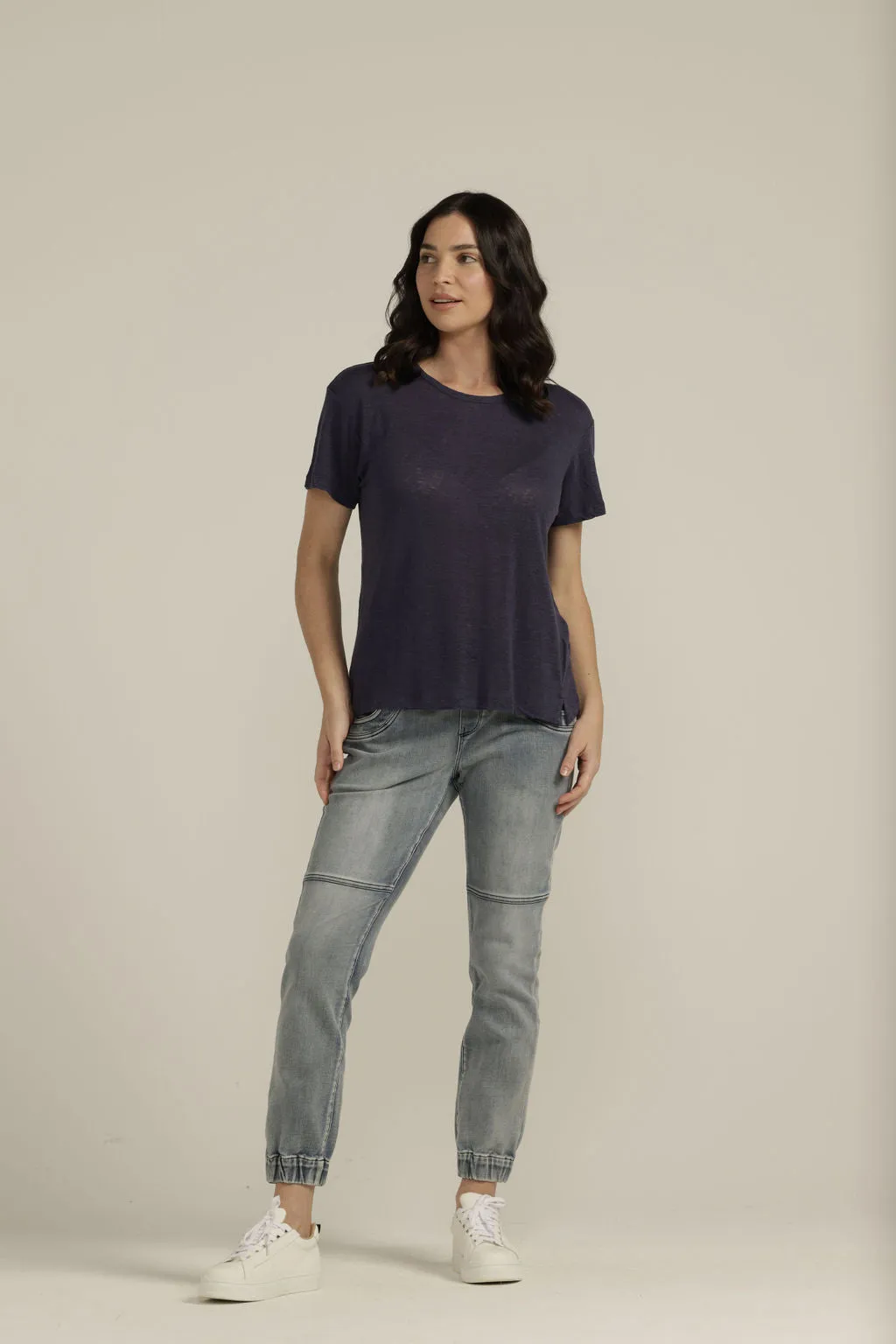 Linen Round Neck Tee Navy