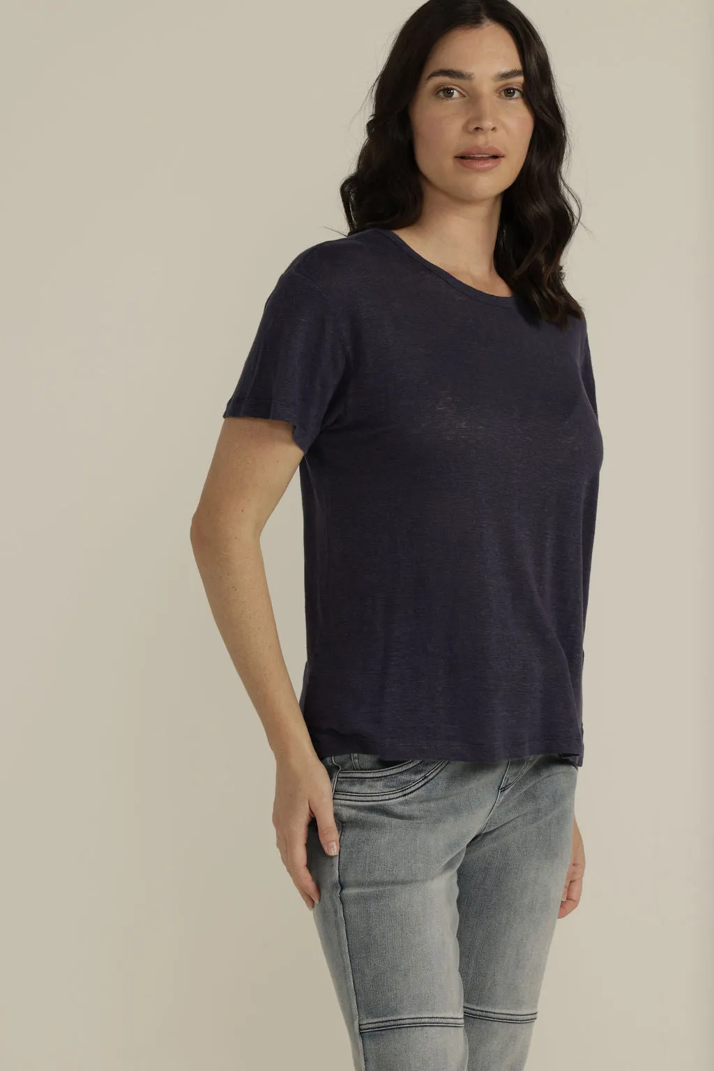 Linen Round Neck Tee Navy