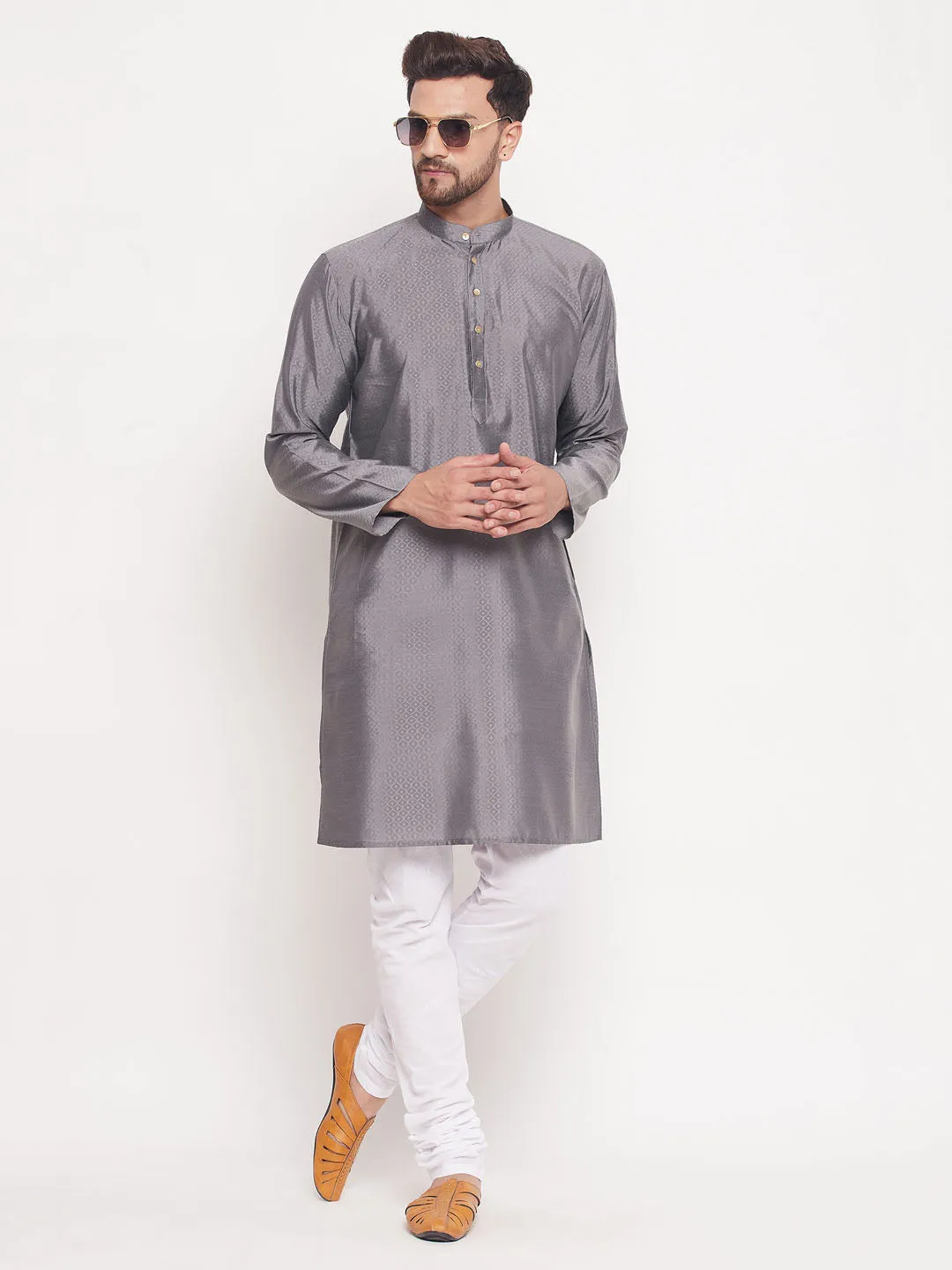 Men's Classic Ethnic Motif Jacquard Silk Blend Kurta With Golden Buttons And White Cotton Pyjama - Vastramay