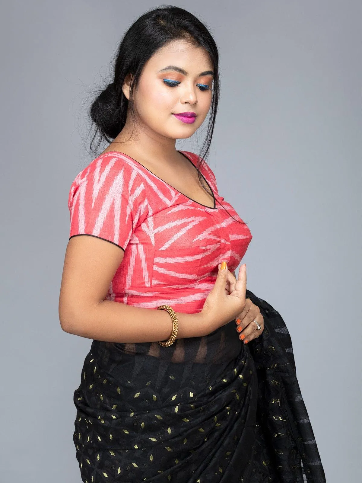 Red Cotton Ikkat Boat Neck Blouse