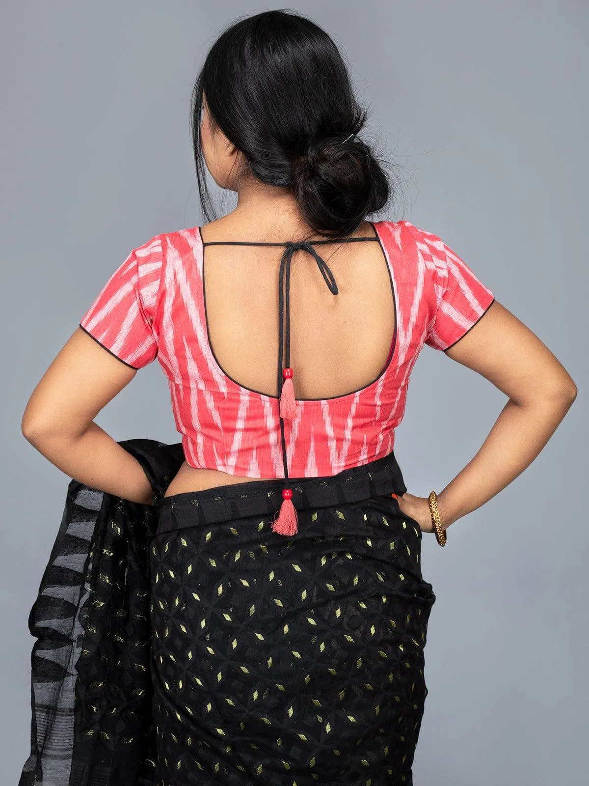 Red Cotton Ikkat Boat Neck Blouse