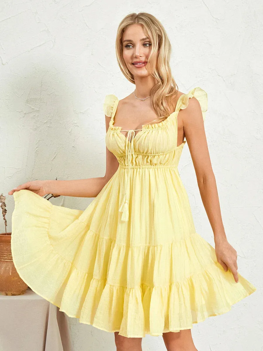 Sleeve V Neck Low Cut A-Line Swing Summer Back Lace Up Ruffle Layered Casual Long Dress