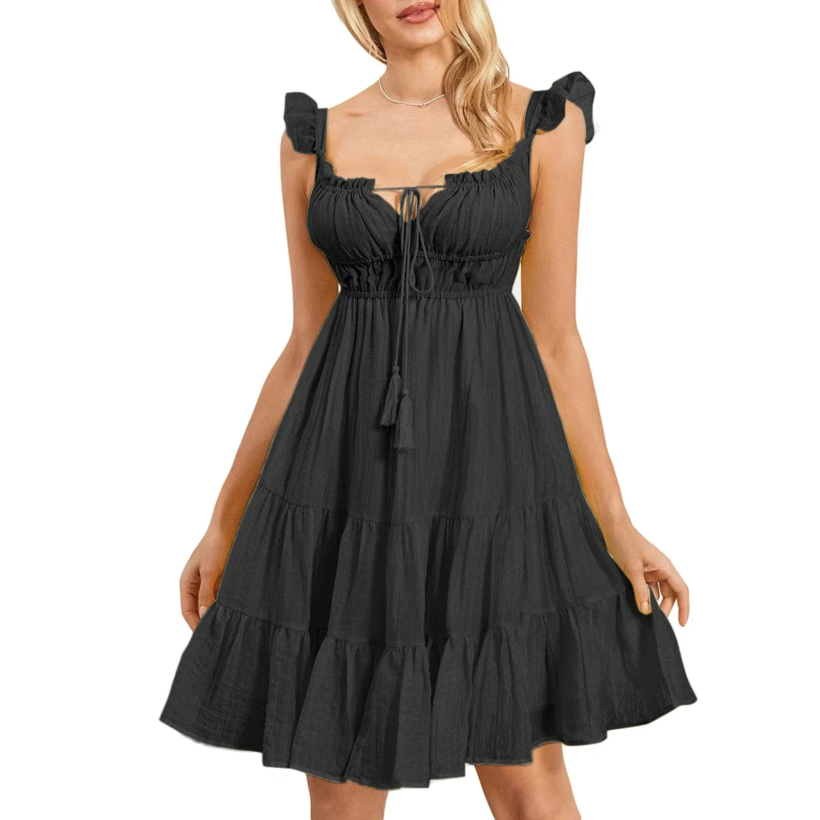 Sleeve V Neck Low Cut A-Line Swing Summer Back Lace Up Ruffle Layered Casual Long Dress
