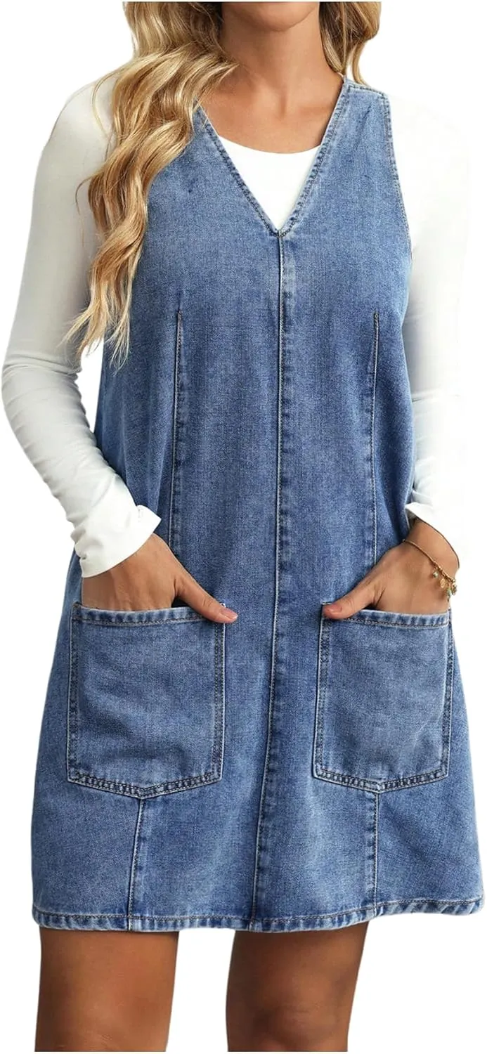 SOLY HUX Women's V Neck Sleeveless Denim Overall Dress Casual Pinafore Short Dresses with Pockets