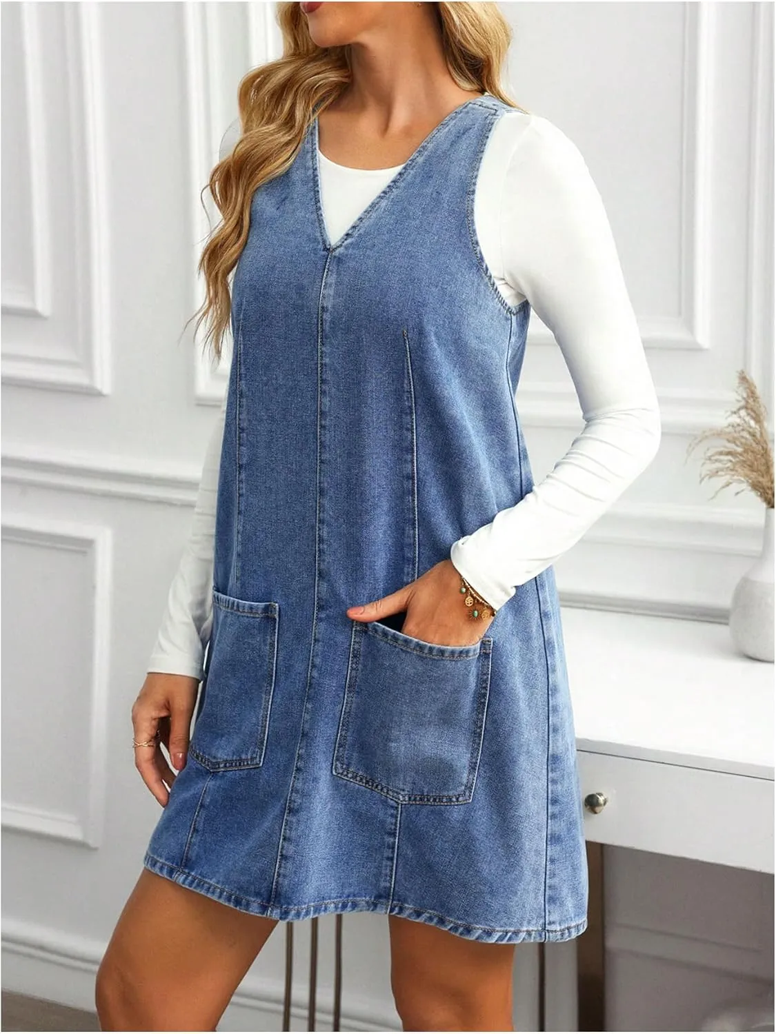 SOLY HUX Women's V Neck Sleeveless Denim Overall Dress Casual Pinafore Short Dresses with Pockets