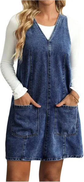 SOLY HUX Women's V Neck Sleeveless Denim Overall Dress Casual Pinafore Short Dresses with Pockets