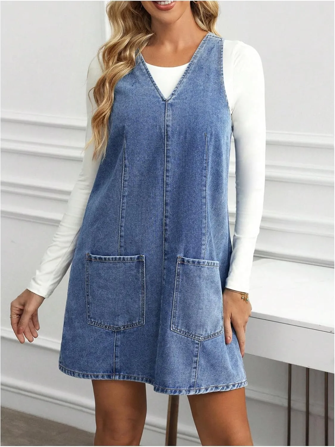 SOLY HUX Women's V Neck Sleeveless Denim Overall Dress Casual Pinafore Short Dresses with Pockets