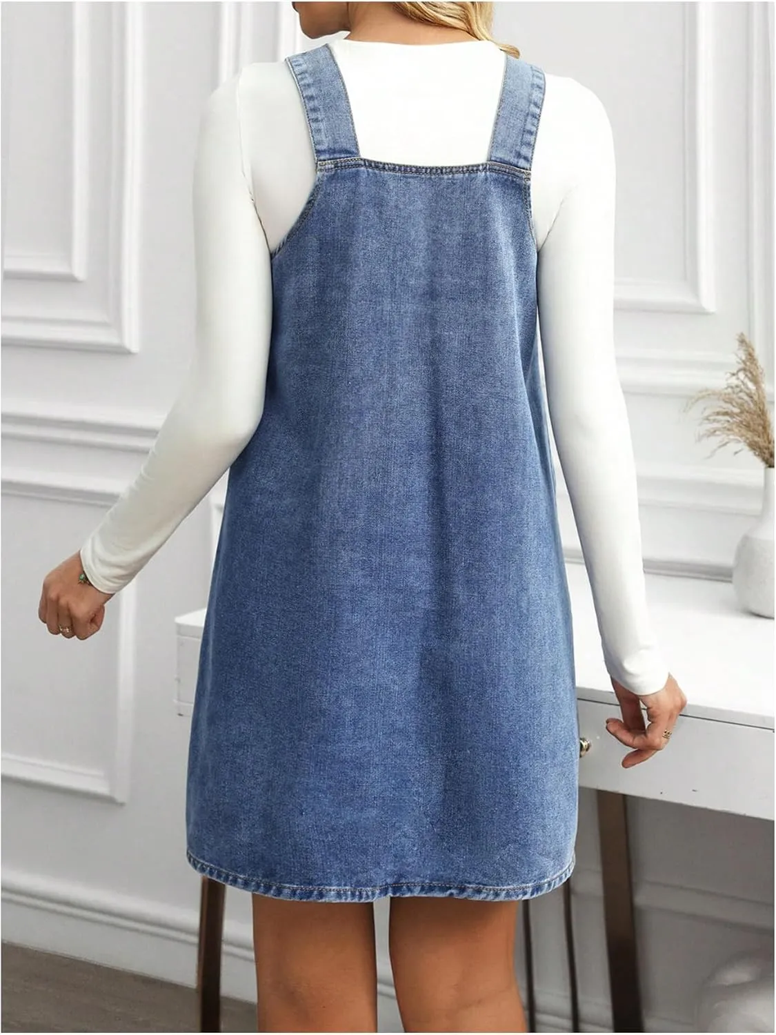 SOLY HUX Women's V Neck Sleeveless Denim Overall Dress Casual Pinafore Short Dresses with Pockets