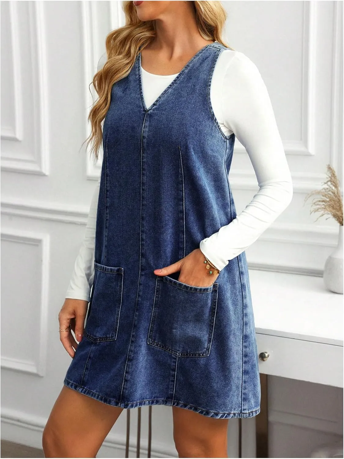 SOLY HUX Women's V Neck Sleeveless Denim Overall Dress Casual Pinafore Short Dresses with Pockets