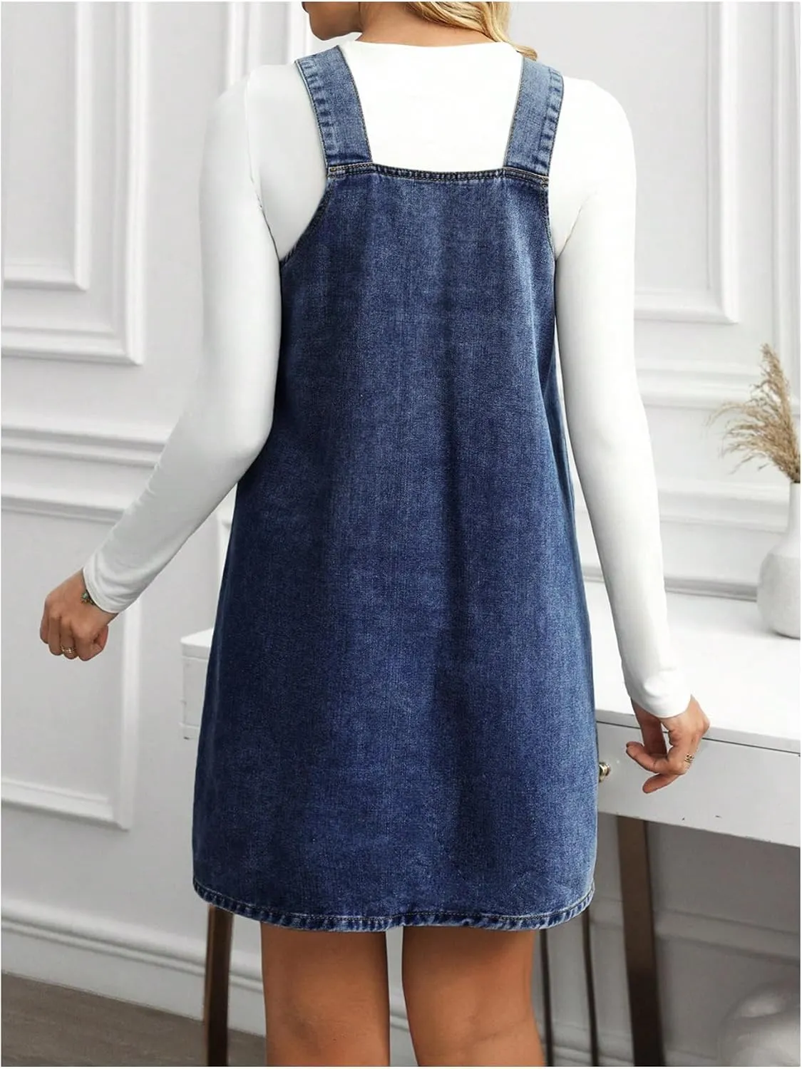 SOLY HUX Women's V Neck Sleeveless Denim Overall Dress Casual Pinafore Short Dresses with Pockets