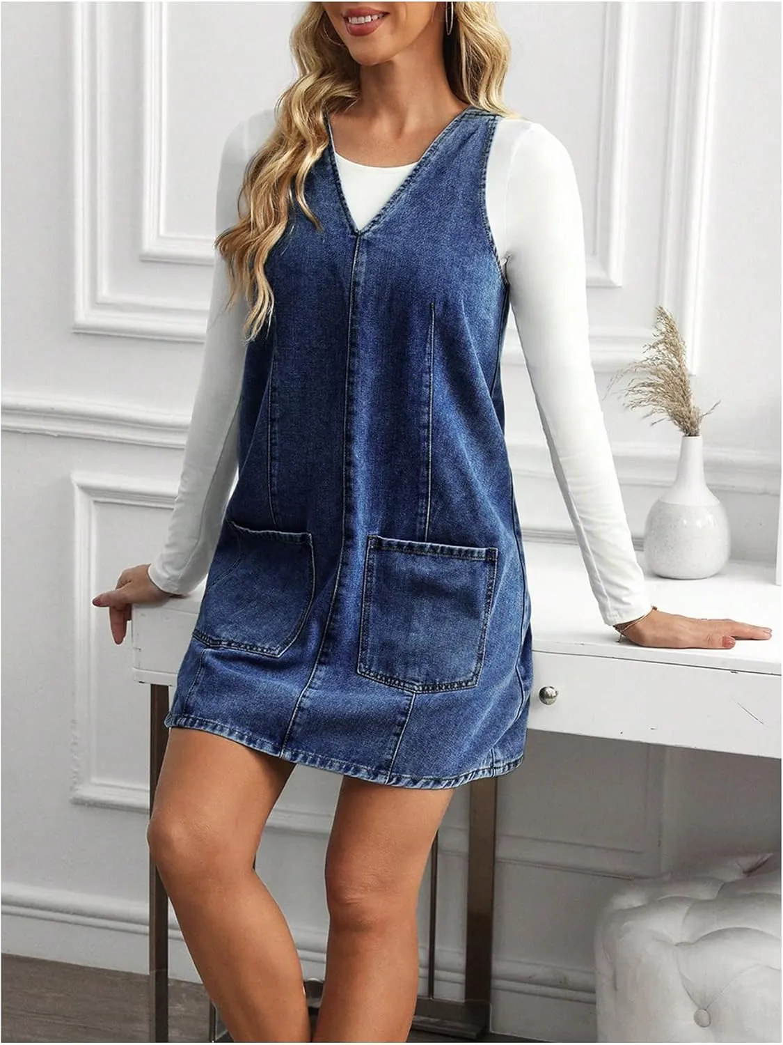 SOLY HUX Women's V Neck Sleeveless Denim Overall Dress Casual Pinafore Short Dresses with Pockets