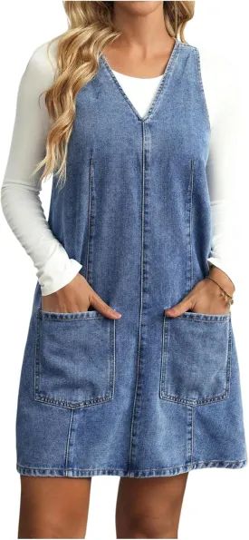 SOLY HUX Women's V Neck Sleeveless Denim Overall Dress Casual Pinafore Short Dresses with Pockets