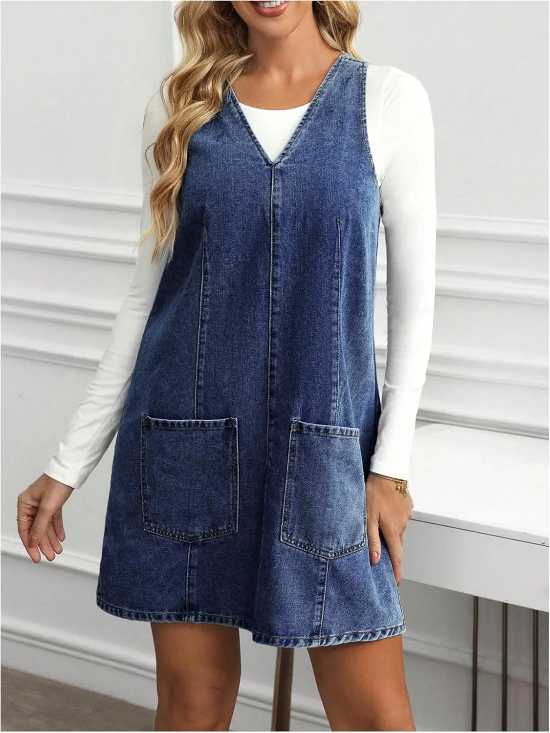 SOLY HUX Women's V Neck Sleeveless Denim Overall Dress Casual Pinafore Short Dresses with Pockets