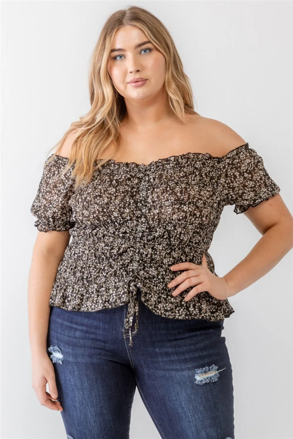 Women's Plus Size Frill Ruched Off-Shoulder Short Sleeve Blouse